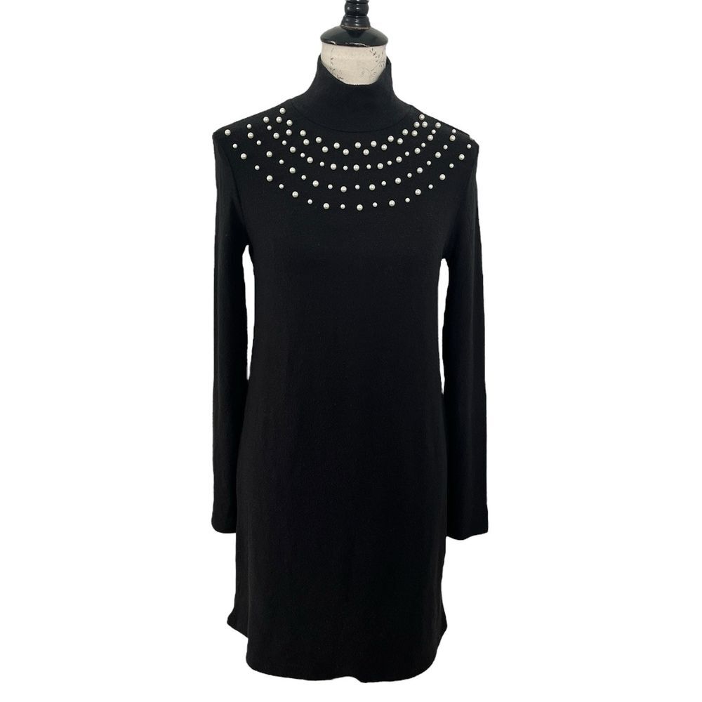 Zara Black Mock Neck Sweaterknit Women's Dress Size SMALL Pearl Detail‎ Neckline